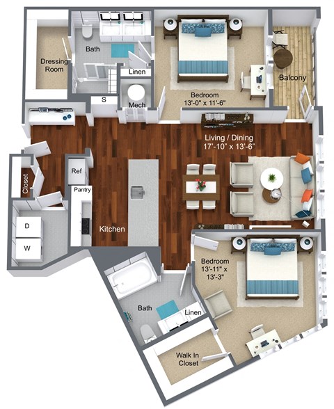Floor plan for 2 beds, 2 baths, 1138 sqft
